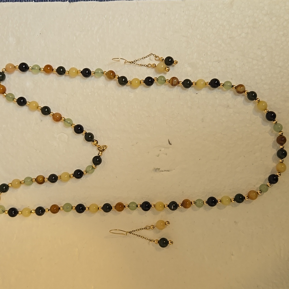 Handmade Jade, Onyx, Jasper & 14K Gold Bead Necklace & Earrings